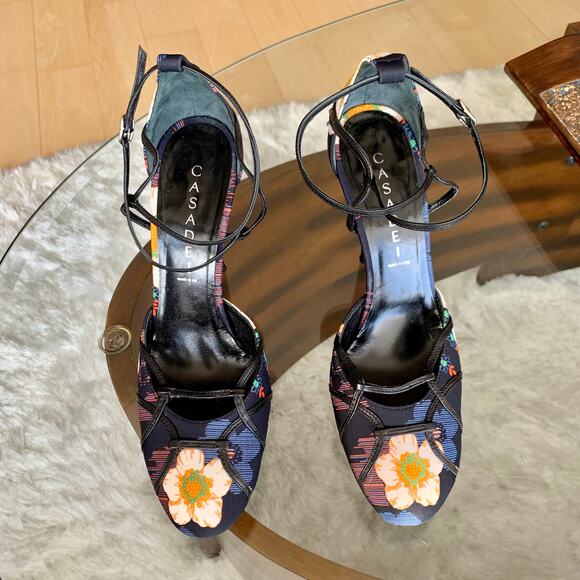 Casadei Floral Print with Leather Trim Evening Shoes Size 7 - Picture 2 of 14
